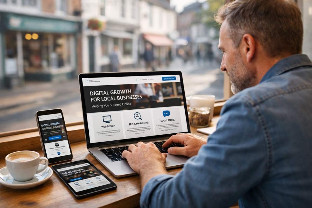 Small business owner in Christchurch viewing a responsive website design on laptop tablet and smartphone