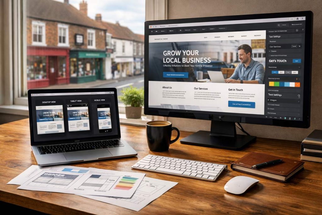 Web designer workspace in Christchurch Dorset showing a laptop and monitor designing a professional business website