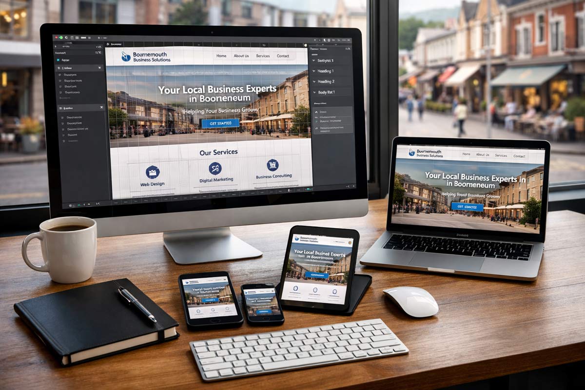 Professional web designer in Bournemouth Dorset creating a responsive business website across desktop tablet and mobile devices