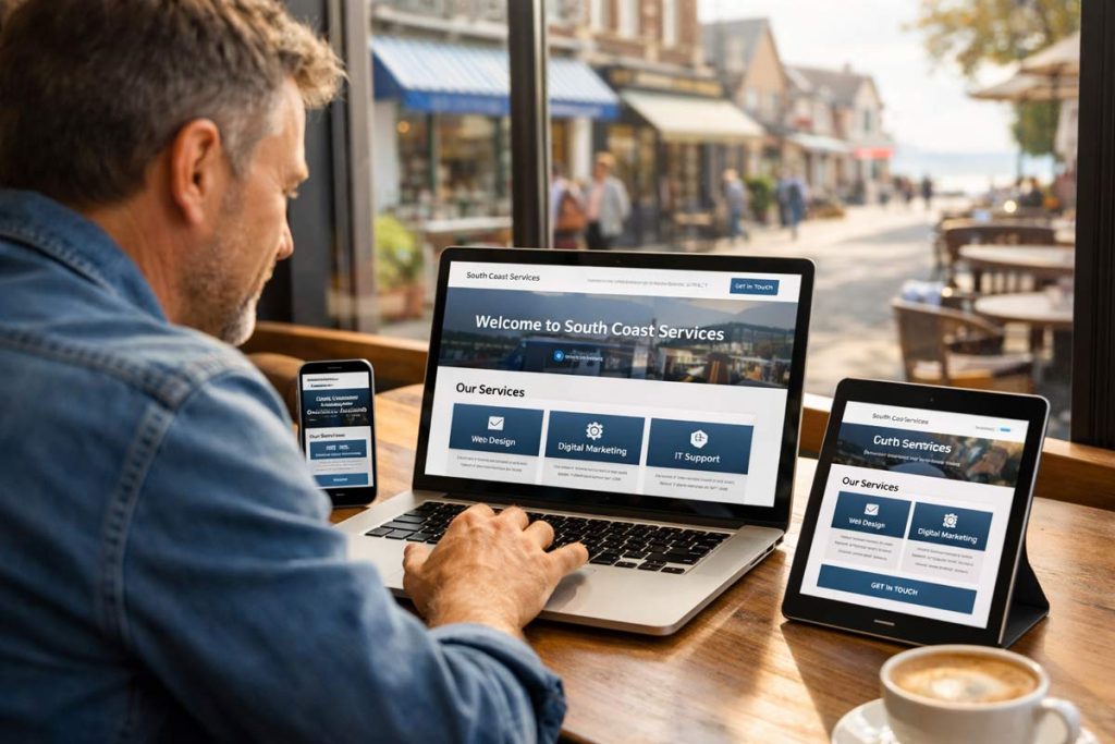 Southbourne business owner reviewing a responsive website design on laptop tablet and smartphone