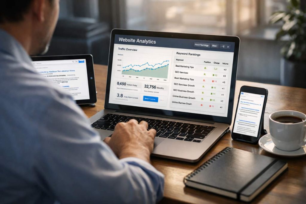Business owner reviewing search engine rankings and website analytics on laptop and mobile devices