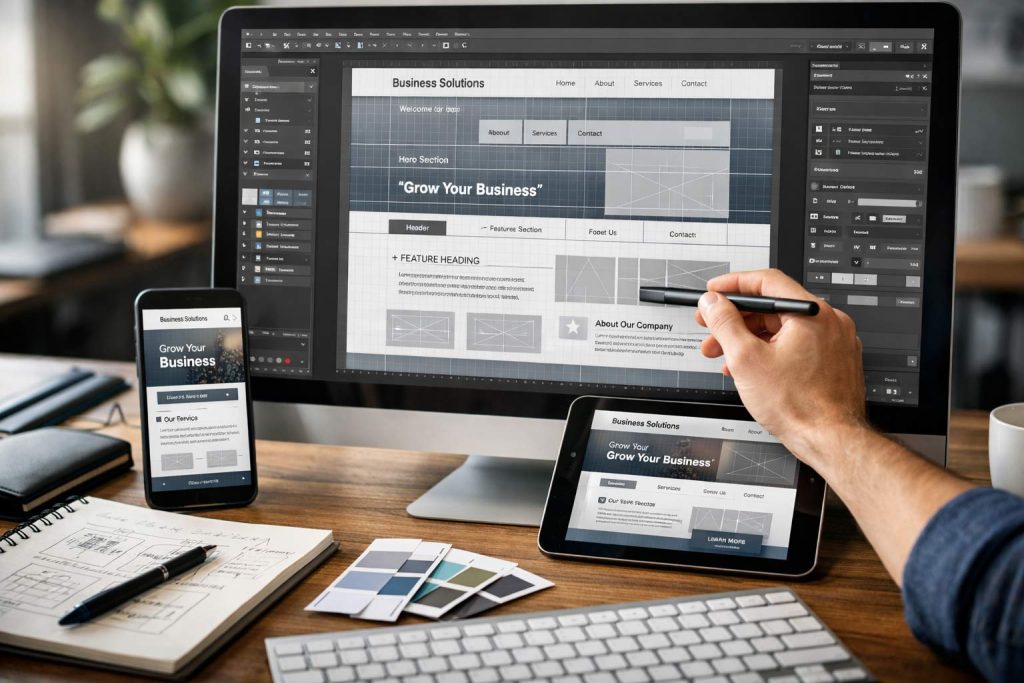 Web designer creating a structured business website layout with responsive design on desktop tablet and mobile devices