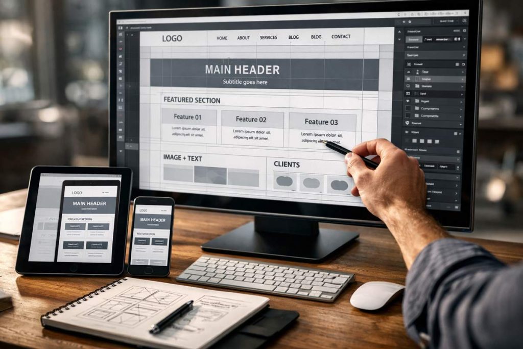 Web designer creating a structured business website layout with responsive design across desktop tablet and mobile devices