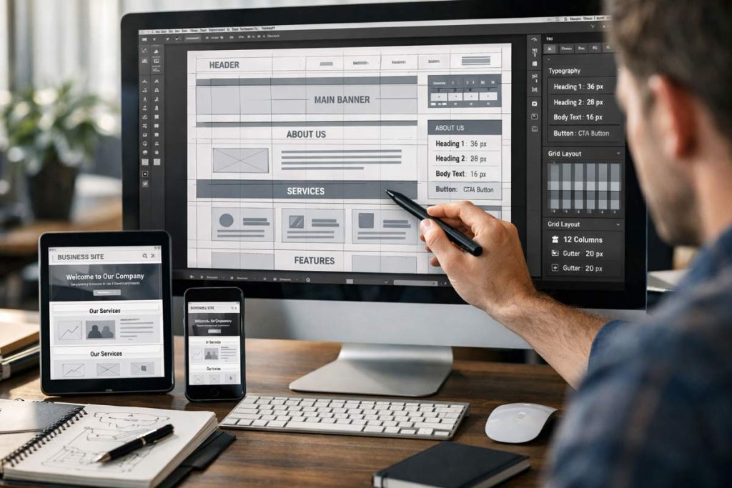 Web designer creating a structured business website layout with responsive design across multiple devices