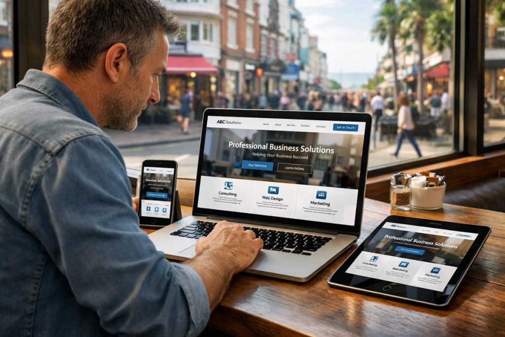Bournemouth business owner reviewing a responsive website design on laptop tablet and smartphone