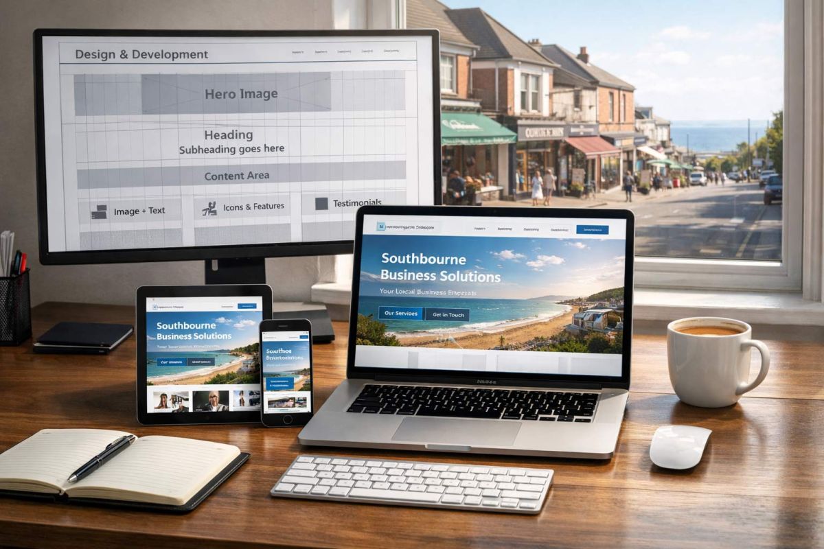 Professional web designer in Southbourne Dorset creating a responsive business website on desktop tablet and mobile devices