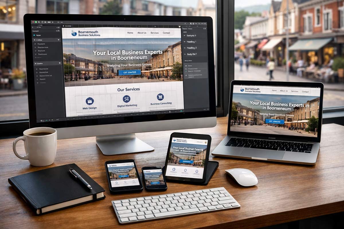 Professional web designer in Bournemouth Dorset creating a responsive business website across desktop tablet and mobile devices