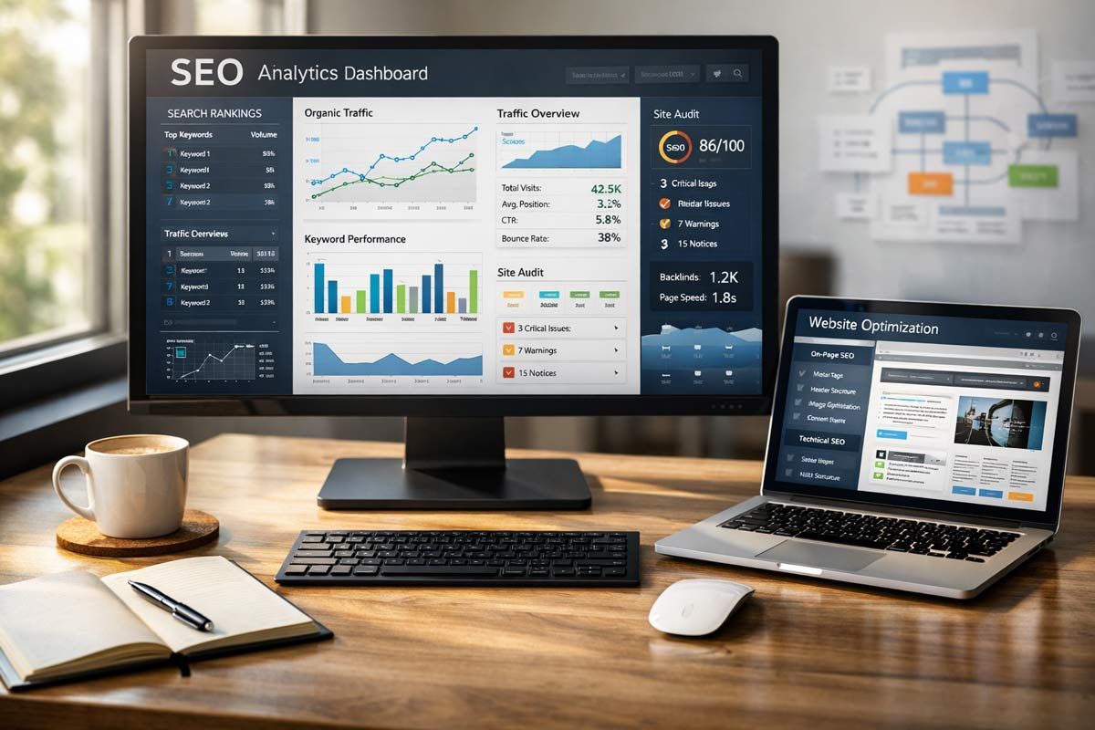 Search engine optimisation dashboard showing website rankings traffic analytics and SEO performance metrics