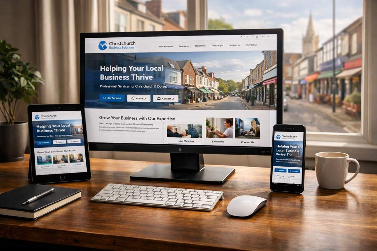 Professional web designer in Christchurch Dorset creating a responsive business website on desktop and mobile screens