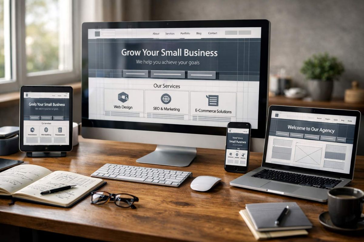 Professional website design and development workspace showing a responsive business website across desktop tablet and mobile devices